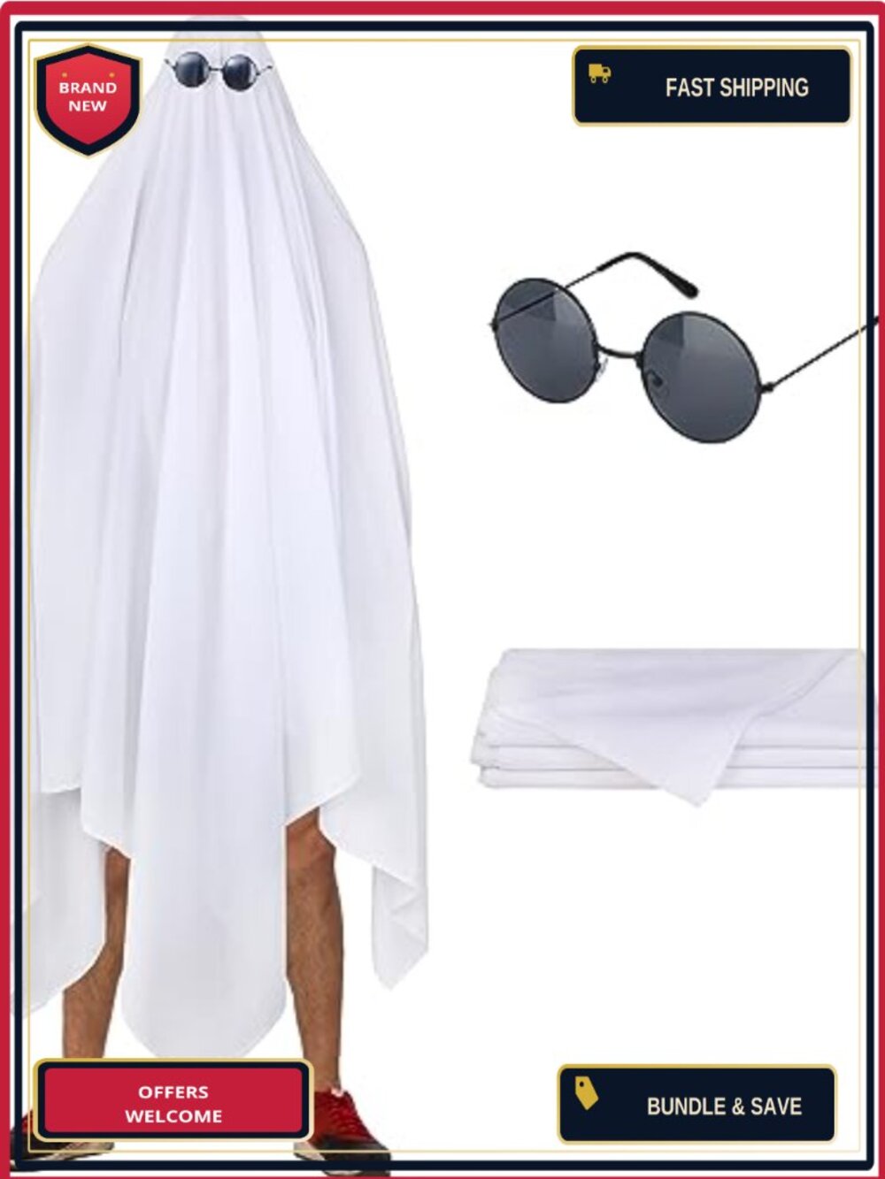 Adult Ghost Costume White Polyester Sheet & Black Glasses Cosplay Halloween
